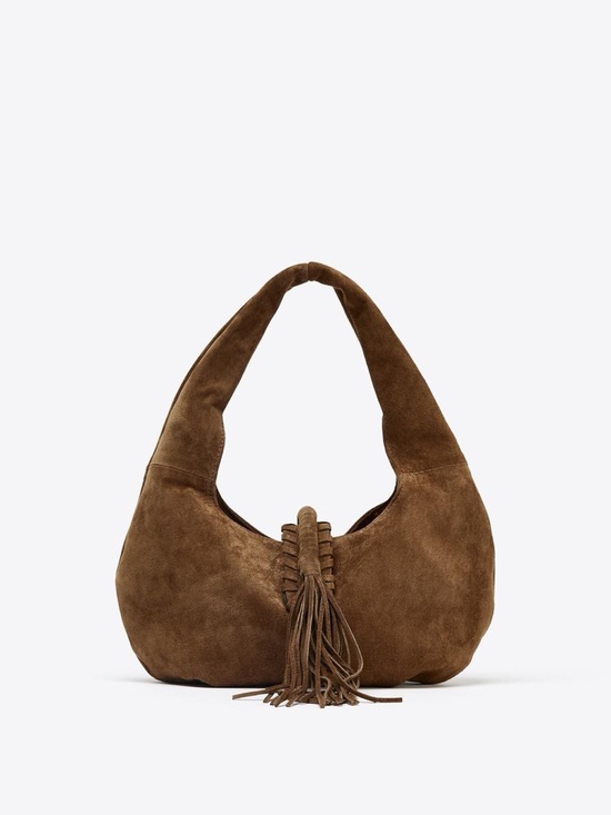 Zara Handbags - Zara Natural Suede Braided-Trim Fringe Hobo Bag in Brown